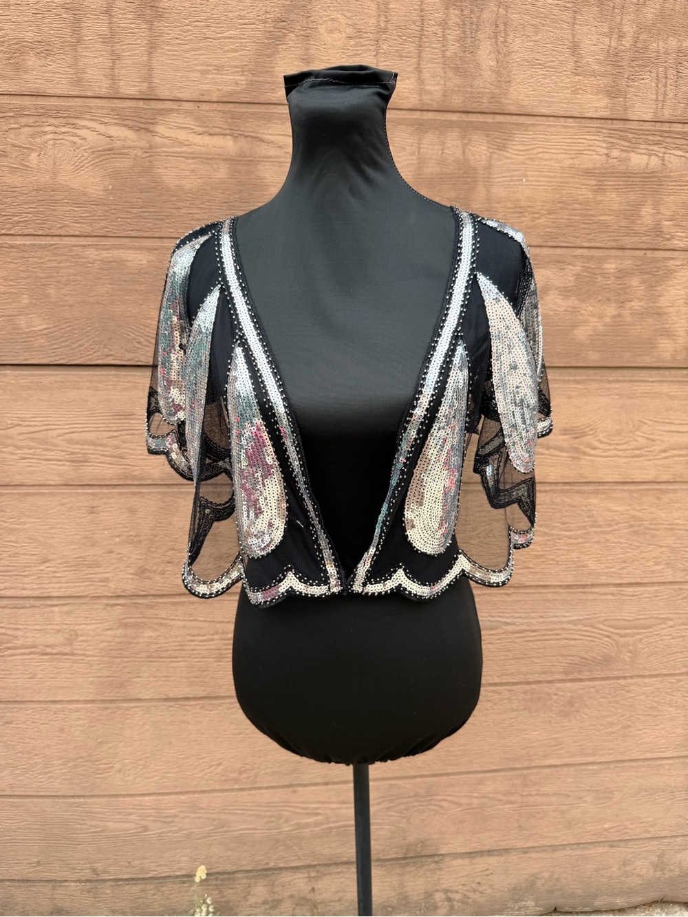 Black Beaded Sequined Open-Front Bolero Shawl